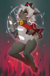 Size: 700x1050 | Tagged: safe, artist:miles-df, lamb (cult of the lamb), bovid, caprine, lamb, mammal, sheep, anthro, unguligrade anthro, cult of the lamb, 2024, breasts, cape, cloven hooves, detailed background, digital art, ears, eyelashes, female, fur, hair, hooves, solo, solo female, sword, tail, thighs, weapon, wide hips