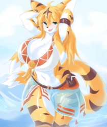 Size: 1724x2048 | Tagged: safe, artist:aleakr, mia (world flipper), big cat, feline, mammal, tiger, anthro, world flipper, 2023, armband, arms behind head, big breasts, bikini, blushing, breasts, cleavage, clothes, female, looking at you, open mouth, open smile, outdoors, smiling, smiling at you, solo, solo female, swimsuit, tigress