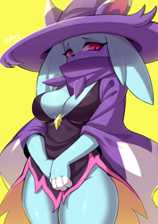 Size: 1200x1697 | Tagged: safe, artist:skykain, katress, anthro, palworld, 2024, absolute cleavage, big breasts, breasts, cleavage, clothes, female, hat, headwear, scarf, solo, solo female, thick thighs, thighs, wide hips, witch hat