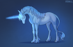 Size: 2380x1548 | Tagged: safe, artist:jenery, lady amalthea (the last unicorn), classical unicorn, equine, fictional species, mammal, unicorn, feral, the last unicorn, 2024, 2d, cloven hooves, eyes closed, female, fur, gradient background, hooves, leonine tail, magic aura, mare, signature, solo, solo female, standing, tail, unshorn fetlocks, white body, white fur