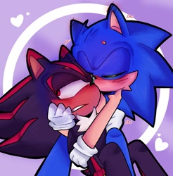 Size: 2091x2128 | Tagged: safe, artist:cheesyxmoon, shadow the hedgehog (sonic), sonic the hedgehog (sonic), hedgehog, mammal, anthro, sega, sonic the hedgehog (series), black body, blue body, blushing, chest fluff, clothes, duo, duo male, eyes closed, fluff, gloves, heart, kissing, male, male/male, males only, quills, red eyes, shipping, sonadow (sonic)