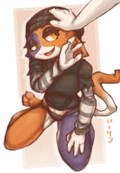 Size: 2186x3146 | Tagged: safe, artist:c3ilin, meow skulls (fortnite), calico, cat, feline, mammal, anthro, fortnite, 2024, beanie, breasts, clothes, cute, female, fur, kneeling, lidded eyes, midriff, multicolored fur, offscreen character, open mouth, open smile, panties, petting, smiling, topwear, two toned body, two toned fur, underwear