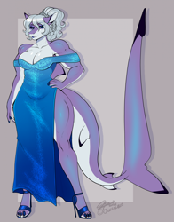 Size: 1700x2167 | Tagged: safe, artist:honeythief, oc, oc only, fish, shark, anthro, digitigrade anthro, 2024, bottomwear, breasts, cleavage, clothes, commission, digital art, dress, ears, eyelashes, female, fins, fish tail, hair, hand on hip, high heels, scales, shark tail, shoes, simple background, solo, solo female, tail, thighs, wide hips