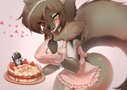 Size: 2044x1456 | Tagged: suggestive, artist:amarihel, oc, oc only, canine, mammal, anthro, 2024, apron, black nose, breasts, cake, cleavage, clothes, digital art, ears, eyelashes, female, food, fur, hair, looking at you, naked apron, nipple outline, nudity, partial nudity, simple background, solo, solo female, tail, thighs, wide hips