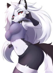 Size: 874x1200 | Tagged: safe, artist:furrycrystal, loona (vivzmind), canine, fictional species, hellhound, mammal, anthro, hazbin hotel, helluva boss, 2024, belly button, black nose, bottomwear, breasts, clothes, collar, colored sclera, crop top, digital art, ears, eyelashes, female, fur, hair, looking at you, red sclera, shorts, simple background, solo, solo female, spiked collar, tail, thighs, topwear, wide hips