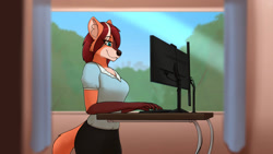 Size: 1440x810 | Tagged: safe, artist:stargazer, oc, oc only, canine, fox, mammal, red fox, anthro, 2024, bedroom eyes, black nose, bottomwear, breasts, chest fluff, clothes, commission, computer, detailed background, digital art, ears, eyelashes, female, fluff, fur, hair, looking at you, pants, shirt, solo, solo female, standing, tail, thighs, topwear, vixen, wide hips