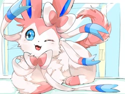 Size: 1024x768 | Tagged: safe, artist:risingparus, eeveelution, fictional species, mammal, sylveon, feral, nintendo, pokémon, 2024, ambiguous gender, lying down, one eye closed, solo