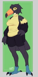 Size: 501x996 | Tagged: safe, artist:leanivbirb, bird, toucan, anthro, 2024, beak, bottomwear, breasts, clothes, feathers, female, shirt, shorts, solo, solo female, tail, tail feathers, topwear