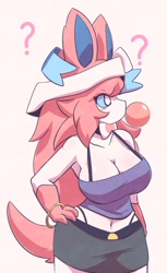 Size: 2126x3469 | Tagged: safe, artist:oreon_smol, eeveelution, fictional species, mammal, sylveon, anthro, nintendo, pokémon, 2024, belly button, big breasts, bottomwear, breasts, bubblegum, cleavage, clothes, crop top, female, hair, high res, midriff, panties, pink hair, shirt, shorts, solo, solo female, tail, topwear, underwear
