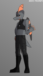 Size: 1412x2504 | Tagged: safe, artist:shido-tara, naser (goodbye volcano high), pterosaur, reptile, goodbye volcano high, 2024, blushing, boots, clothes, crop top, fanart, footwear, gray body, jewelry, male, multicolored body, necklace, raised hand, shoes, sketch, snoot game, solo, solo male, topwear, torn clothes