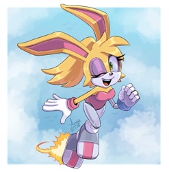 Size: 1931x1958 | Tagged: safe, artist:angiethecat, bunnie rabbot (sonic), lagomorph, mammal, rabbit, anthro, archie sonic the hedgehog, sega, sonic the hedgehog (series), 2024, clothes, cybernetic arm, cybernetic legs, cybernetics, female, gloves, green eyes, hair, one eye closed, ponytail, smiling, solo, solo female, winking