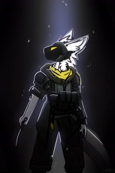 Size: 2000x3020 | Tagged: safe, artist:anonantibody, fictional species, mammal, protogen, anthro, 2024, ambiguous gender, black background, clothes, digital art, ear fluff, fluff, fur, headwear, knife, military uniform, neck fluff, signature, simple background, solo, solo ambiguous, visor, white body, white fur, yellow eyes