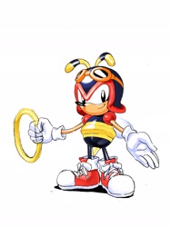 Size: 1536x2048 | Tagged: safe, artist:tokiwa757, charmy bee (sonic), arthropod, bee, insect, anthro, sega, sonic the hedgehog (series), 2024, antennae, classic charmy, clothes, gloves, goggles, goggles on head, headwear, helmet, male, ring (sonic), shoelaces, simple background, smiling, solo, solo male, white background, wings
