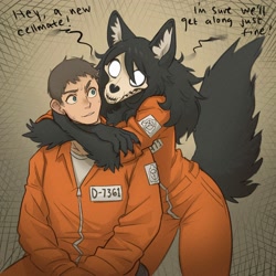Size: 2000x2000 | Tagged: safe, artist:tateoftot, scp-1471-a (scp), canine, human, mammal, anthro, scp, 2024, bone, dialogue, duo, duo male and female, female, high res, hug, jumpsuit, male, nervous, sitting, skull, talking