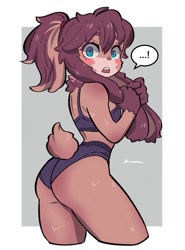 Size: 1479x2000 | Tagged: safe, artist:amazu9, artist:sin_amazu, lop (star wars: visions), lagomorph, mammal, rabbit, anthro, star wars, star wars: visions, 2021, 2024, big butt, blushing, border, butt, clothes, ears, female, long ears, looking at you, looking back, looking back at you, solo, solo female, sports bra, sports panties, surprised, sweat, thick thighs, thighs, topwear, white border, wide hips