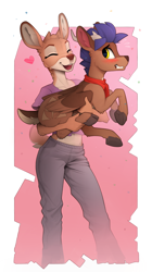 Size: 1400x2498 | Tagged: safe, artist:yakovlev-vad, oc, oc only, oc:any (yakovlev-vad), oc:arny (yakovlev-vad), bird, cervid, deer, fictional species, hybrid, mammal, peryton, anthro, feral, 2024, antlers, blushing, bottomwear, clothes, duo, duo male and female, feathers, female, folded wings, furry confusion, heart, lifting, male, pants, shirt, topwear, wings