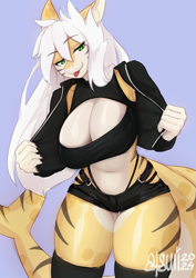 Size: 1131x1600 | Tagged: safe, artist:atsuii, oc, oc only, oc:astrid (spectrumlx), fish, shark, anthro, 2024, bedroom eyes, big breasts, blep, bottomwear, breasts, cleavage, clothes, commission, crop top, digital art, ears, eyelashes, female, fins, fish tail, hair, legwear, micro shorts, scales, shark tail, skirt, solo, solo female, stockings, tail, thighs, tongue, tongue out, topwear, wide hips