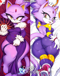 Size: 1180x1500 | Tagged: suggestive, artist:krokobyaka, blaze the cat (sonic), cat, feline, mammal, anthro, sega, sonic the hedgehog (series), 2024, bedroom eyes, black nose, blushing, body pillow design, boots, bottomwear, breasts, butt, cameltoe, clothes, digital art, dress, ears, eyelashes, female, footwear, fur, hair, high heels, looking at you, looking back, looking back at you, picture-in-picture, rear view, shoes, solo, solo female, suit, tail, thighs, wide hips