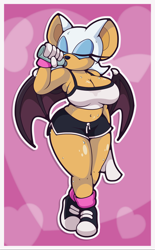 Size: 1240x2000 | Tagged: safe, artist:doctor-g, rouge the bat (sonic), bat, mammal, sega, sonic the hedgehog (series), bat wings, belly button, blue eyeshadow, border, bottomwear, clothes, crop top, dolphin shorts, drinking, eyelashes, eyes closed, female, gloves, heart background, midriff, pink background, shorts, simple background, sneakers, solo, solo female, sports shorts, topwear, water bottle, webbed wings, white border, wide hips, wings, workout clothes