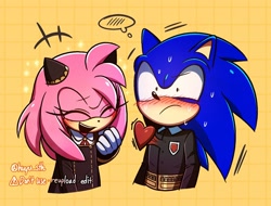 Size: 1500x1140 | Tagged: safe, artist:huyu_sth, amy rose (sonic), sonic the hedgehog (sonic), hedgehog, mammal, sega, sonic the hedgehog (series), 2023, anya forger (spy x family), blue body, blue fur, blushing, clothes, cosplay, damian desmond (spy x family), duo, duo male and female, eyes closed, female, fur, gloves, laughing, male, male/female, pink body, pink fur, school uniform, shipping, signature, simple background, sonamy (sonic), spy x family, sweat