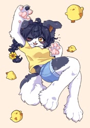 Size: 1186x1687 | Tagged: safe, artist:koto0v0haru, canine, dog, mammal, anthro, 2024, clothes, female, jean shorts, one eye closed, paw pads, paws, shirt, solo, solo female, tail, topwear