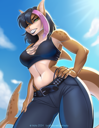 Size: 989x1280 | Tagged: safe, artist:wyla, oc, oc only, fish, shark, anthro, 2024, art trade, belly button, belt, black nose, breasts, clothes, crop top, digital art, ears, eyelashes, female, fins, fish tail, hair, hand on hip, jeans, pants, scales, shark tail, solo, solo female, tail, thighs, topwear, wide hips
