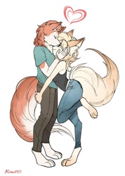 Size: 853x1200 | Tagged: safe, artist:kittellfox, oc, oc only, canine, fox, mammal, anthro, 2024, barefoot, duo, kissing