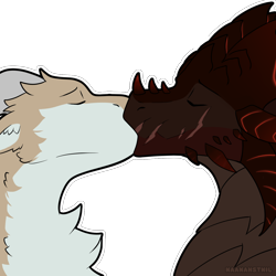 Size: 1280x1280 | Tagged: safe, artist:naanahstnil, dragon, fictional species, feral, 2024, commission, cute, digital art, duo, duo male, ears, eyes closed, horns, kissing, male, male/male, males only, outline, scales, simple background, sticker, transparent background, white outline