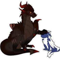 Size: 1280x1280 | Tagged: safe, artist:naanahstnil, dragon, fictional species, reptile, western dragon, feral, ambiguous gender, blue body, brown body, commission, cute, digital art, double outline, duo, head pats, horns, male, petting, scales, size difference, sticker, tail, wings