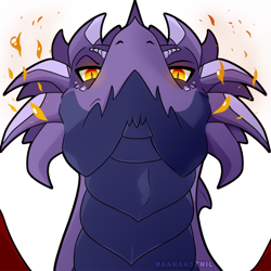 Size: 640x640 | Tagged: safe, artist:naanahstnil, dragon, fictional species, feral, amber eyes, angry, commission, cool, digital art, fire, looking at you, loom, purple body, scales, solo, sticker