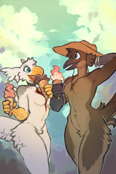 Size: 852x1280 | Tagged: suggestive, artist:hoot, oc, oc only, oc:hoot, oc:lizanne (slither), bird, feline, fictional species, gryphon, lyrebird, mammal, anthro, 2022, beak, blue eyes, bracelet, brown body, clothes, duo, duo male, feathers, food, hat, headwear, ice cream, ice cream cone, jewelry, male, males only, nudity, tail, white body