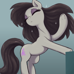 Size: 3000x3000 | Tagged: safe, artist:t72b, octavia melody (mlp), earth pony, equine, fictional species, mammal, pony, feral, friendship is magic, hasbro, my little pony, 2024, bipedal, bipedal leaning, black hair, black mane, black tail, blush lines, blushing, eyelashes, eyes closed, eyeshadow, female, flowing mane, g4, gradient background, gray body, hair, high res, hooves, leaning, makeup, mane, mare, missing accessory, solo, sparkles, tail, underhoof