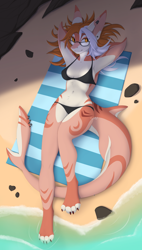 Size: 1446x2547 | Tagged: safe, artist:rednroge, oc, oc only, fish, shark, anthro, digitigrade anthro, 2024, armpits, arms behind head, beach, beach blanket, belly button, bikini, breasts, clothes, commission, digital art, ears, eyelashes, female, fins, fish tail, hair, lying down, scales, shark tail, solo, solo female, swimsuit, tail, thighs, wide hips