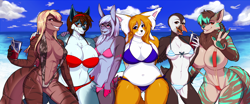 Size: 4220x1750 | Tagged: suggestive, artist:porin, oc, oc only, bird, canine, fish, fox, lagomorph, mammal, penguin, rabbit, shark, wolf, anthro, 2017, areola, areola slip, beach, beak, bedroom eyes, belly button, big breasts, bikini, blue bikini, blue swimsuit, breasts, cleavage, clothes, commission, detailed background, digital art, ears, eyelashes, female, females only, fins, fish tail, fluff, fur, glasses, hair, micro bikini, neck fluff, ocean, one eye closed, open mouth, pink bikini, pink swimsuit, red bikini, red swimsuit, scales, shark tail, slightly chubby, sling bikini, small breasts, swimsuit, tail, thighs, tongue, vixen, water, wide hips, ych result