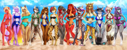 Size: 1280x508 | Tagged: suggestive, artist:mifa, oc, oc only, canine, cat, cheetah, dragon, feline, fictional species, giraffe, lynx, mammal, reptile, snake, wolf, anthro, digitigrade anthro, 2021, beach, beak, bedroom eyes, belly button, bikini, black bikini, black swimsuit, blue bikini, blue swimsuit, breasts, cleavage, clothes, commission, crossdressing, crotch bulge, detailed background, digital art, dragoness, ears, eyelashes, female, females only, femboy, fur, green bikini, green swimsuit, hair, hand on hip, horns, intersex, intersex female, male, ocean, pink bikini, pink swimsuit, pose, red bikini, red swimsuit, scales, swimsuit, tail, thighs, water, white bikini, white swimsuit, wide hips, wings