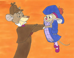 Size: 1000x793 | Tagged: safe, artist:silverben, basil (the great mouse detective), olivia flaversham (the great mouse detective), mammal, mouse, rodent, anthro, disney, the great mouse detective, 2d, clothes, duo, duo male and female, female, footwear, frowning, hat, headwear, holding, holding character, looking at each other, male, on model, scarf, shoes, smiling, traditional art, unamused, young