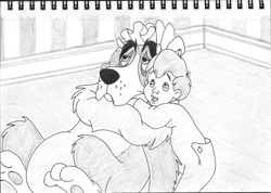 Size: 700x498 | Tagged: safe, artist:silverben, nana (peter pan), canine, dog, human, mammal, saint bernard, feral, disney, peter pan (disney franchise), 2d, child, duo, duo male and female, female, hug, male, michael darling (peter pan), monochrome, on model, open mouth, traditional art, young