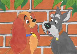 Size: 800x563 | Tagged: safe, artist:silverben, jock (lady and the tramp), lady (lady and the tramp), canine, cocker spaniel, dog, mammal, scottish terrier, spaniel, terrier, feral, disney, lady and the tramp, 2d, collar, duo, duo male and female, female, looking at each other, male, on model, open mouth, traditional art