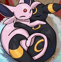 Size: 880x900 | Tagged: safe, artist:blitzdrachin, eeveelution, espeon, fictional species, mammal, umbreon, feral, nintendo, pokémon, 2023, ambiguous gender, ambiguous only, bed, black nose, cheek fluff, cuddling, detailed background, digital art, duo, duo ambiguous, ears, eyes closed, fluff, fur, furrified, furrified animal photo, hug, loafing, lying down, paws, prone, sleeping, tail