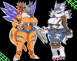 Size: 2151x1713 | Tagged: safe, artist:urusee584, fictional species, metalgreymon, weregarurumon, anthro, digitigrade anthro, digimon, 2024, belly button, big breasts, bottomwear, breasts, claws, cleavage, clothes, crop top, digital art, duo, duo female, ears, eyelashes, female, females only, fur, hair, hand on hip, pants, shorts, tail, thighs, topwear, wide hips