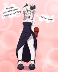 Size: 2040x2540 | Tagged: safe, artist:cat_citrus, oc, oc only, oc:gwen (cat_citrus), bovid, goat, mammal, anthro, 2024, blushing, bottomwear, breasts, clothes, digital art, dress, female, hair, holiday, horns, nervous, solo, solo female, tail, valentine's day, white body, white hair, yellow eyes
