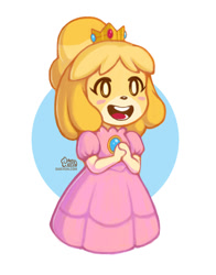 Size: 600x764 | Tagged: safe, artist:daisyein, isabelle (animal crossing), princess peach (mario), canine, dog, mammal, shih tzu, anthro, animal crossing, mario (series), nintendo, 2d, bottomwear, clothes, cosplay, crown, dress, female, headwear, jewelry, open mouth, open smile, regalia, signature, smiling, solo, solo female