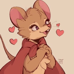 Size: 1000x1000 | Tagged: safe, artist:tohupony, mrs. brisby (the secret of nimh), mammal, mouse, rodent, semi-anthro, sullivan bluth studios, the secret of nimh, 2024, 2d, brown body, brown fur, cape, cheek fluff, chest fluff, cute, female, field mouse, fluff, front view, fur, head fluff, heart, heart eyes, love heart, murine, open mouth, open smile, signature, simple background, smiling, solo, solo female, tail, tail fluff, tan background, three-quarter view, wingding eyes
