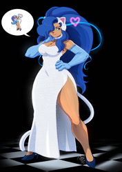 Size: 849x1200 | Tagged: safe, felicia (darkstalkers), animal humanoid, fictional species, mammal, humanoid, capcom, darkstalkers, 2022, black background, blue hair, bottomwear, breasts, clothes, digital art, dress, female, front view, gloves, hair, hand on hip, heart, lipstick, makeup, signature, simple background, solo, solo female, speech bubble, tail, teal eyes, three-quarter view, white clothing, white dress