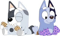 Size: 1149x696 | Tagged: safe, artist:porygon2z, muffin heeler (bluey), socks heeler (bluey), australian cattle dog, canine, dog, mammal, semi-anthro, bluey (series), 2024, 2d, clothes, duo, duo female, eating, eyes closed, female, females only, muffin, namesake, on model, puppy, siblings, simple background, sister, sisters, sitting, smiling, socks, transparent background, young