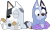 Size: 1149x696 | Tagged: safe, artist:porygon2z, muffin heeler (bluey), socks heeler (bluey), australian cattle dog, canine, dog, mammal, semi-anthro, bluey (series), 2024, 2d, clothes, duo, duo female, eating, eyes closed, female, females only, muffin, namesake, on model, puppy, siblings, simple background, sister, sisters, sitting, smiling, socks, transparent background, young