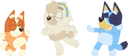 Size: 3562x1572 | Tagged: safe, artist:porygon2z, bingo heeler (bluey), bluey heeler (bluey), judo (bluey), australian cattle dog, canine, dog, mammal, semi-anthro, bluey (series), 2024, 2d, chow chow, dancing, eyes closed, female, females only, hair, hairband, on model, puppy, siblings, simple background, sister, sisters, smiling, transparent background, trio, trio female, young