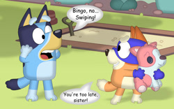 Size: 1132x706 | Tagged: safe, artist:porygon2z, bingo heeler (bluey), bluey heeler (bluey), australian cattle dog, canine, dog, mammal, semi-anthro, bluey (series), dora the explorer, nickelodeon, 2023, 2d, clothes, crossover, dialogue, duo, duo female, english text, evil grin, female, females only, gloves, grin, holding, holding object, holding plushie, holding toy, mask, on model, open mouth, plushie, puppy, sandbox, shocked expression, siblings, sister, sisters, speech bubble, standing, talking, text, thief, toy, young