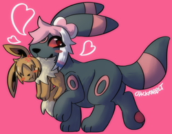 Size: 2423x1891 | Tagged: safe, artist:jackrabbit, oc, oc only, oc:donut, oc:munchkin, eevee, eeveelution, fictional species, mammal, umbreon, nintendo, pokémon, duo, duo male and female, female, hair, happy, holding, holding character, male, size difference
