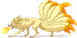 Size: 1024x510 | Tagged: safe, artist:ninjakato, canine, fictional species, fox, kitsune, mammal, ninetales, feral, nintendo, pokémon, ambiguous gender, fire, fur, multiple tails, nine tails, red eyes, solo, tail, teeth showing, vulpes, white body, white fur